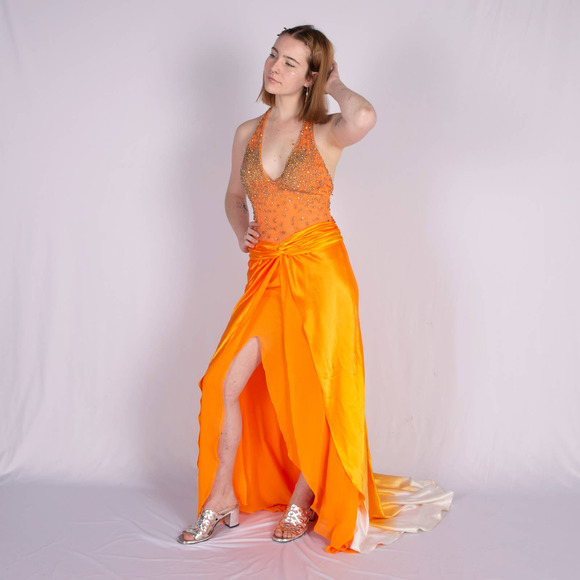 tony bowls orange prom dress Tony Bowls | Dresses | Y2k Orange Beaded Prom Dress W Ombre Train Size 4  Vtg
